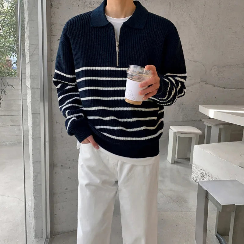 Axtonix | Heren Gebreide Trui met Streep en Halve Rits – Moderne Casual Pullover