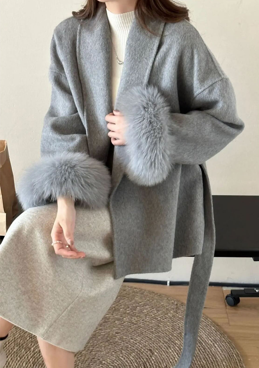 Asta | Manteau d'hiver luxueux pour femme avec poignets en fourrure et ceinture à nouer – Vêtement d'extérieur élégant et chaud