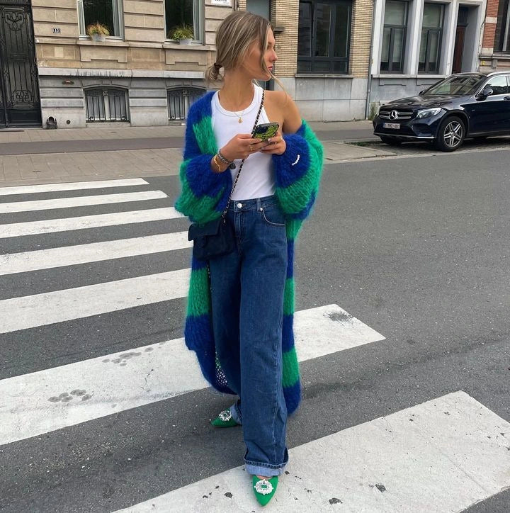 Saskia | Gestreifter langer Mohair-Cardigan – Grobstrickpullover, bequeme Schicht für Herbst und Winter