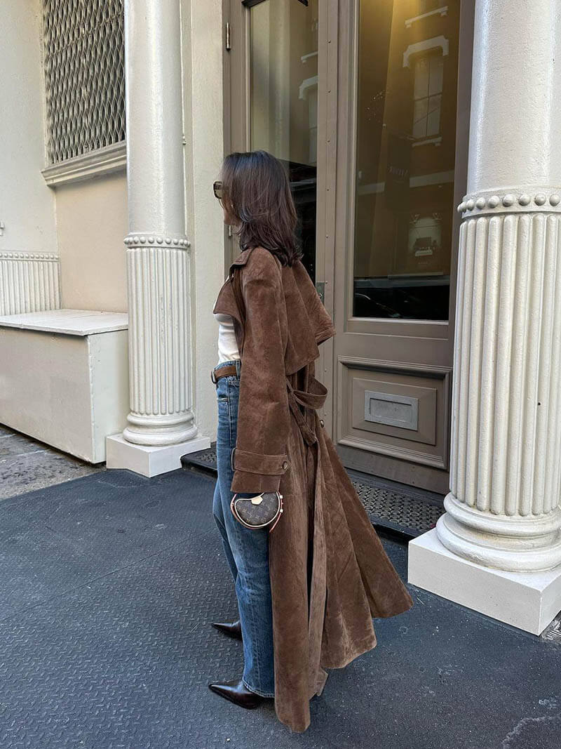Nyvella | Élégant manteau long en faux daim pour femme - Manteau cintré avec ceinture