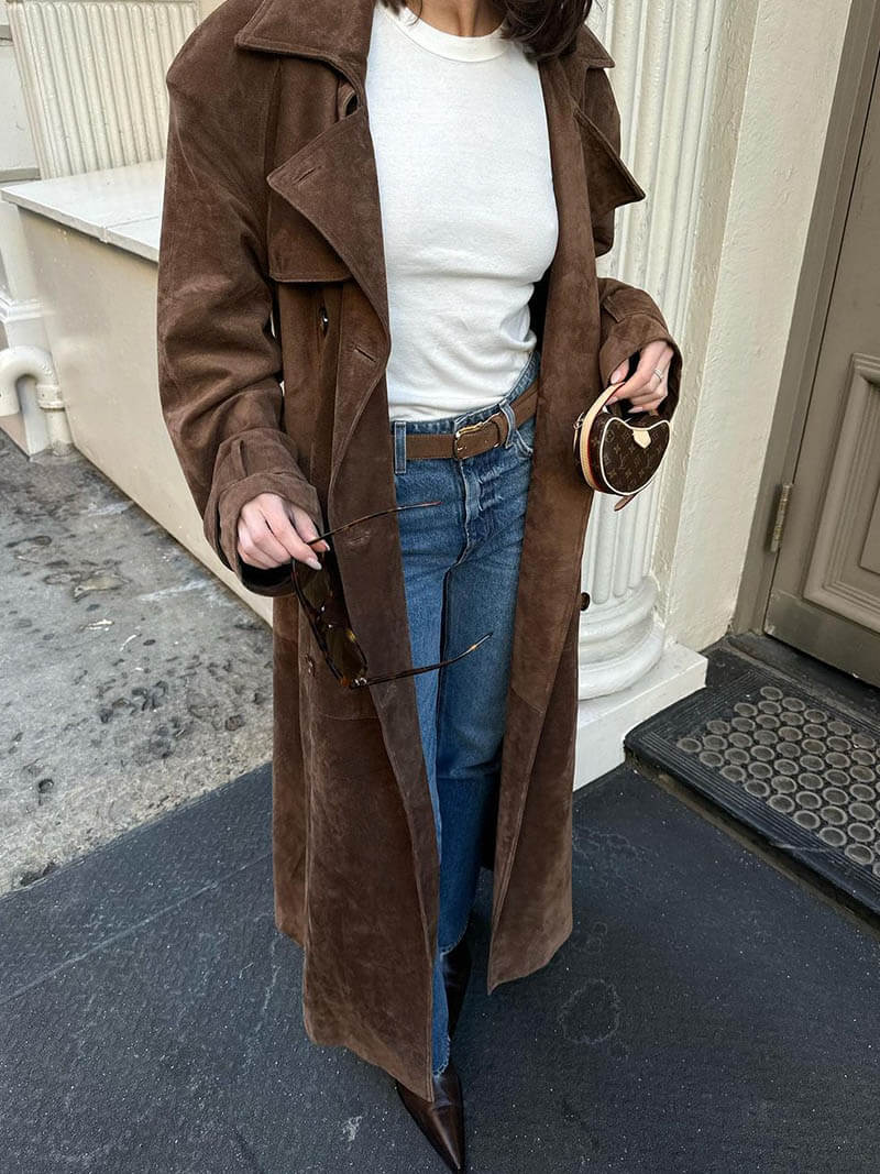 Nyvella | Élégant manteau long en faux daim pour femme - Manteau cintré avec ceinture