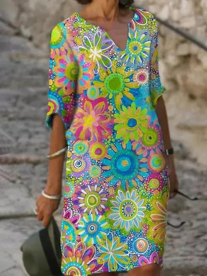 Azlyria | Dames midi-jurk met bloemenprint – luchtige lichtgewicht zomerjurk, halflange mouwen