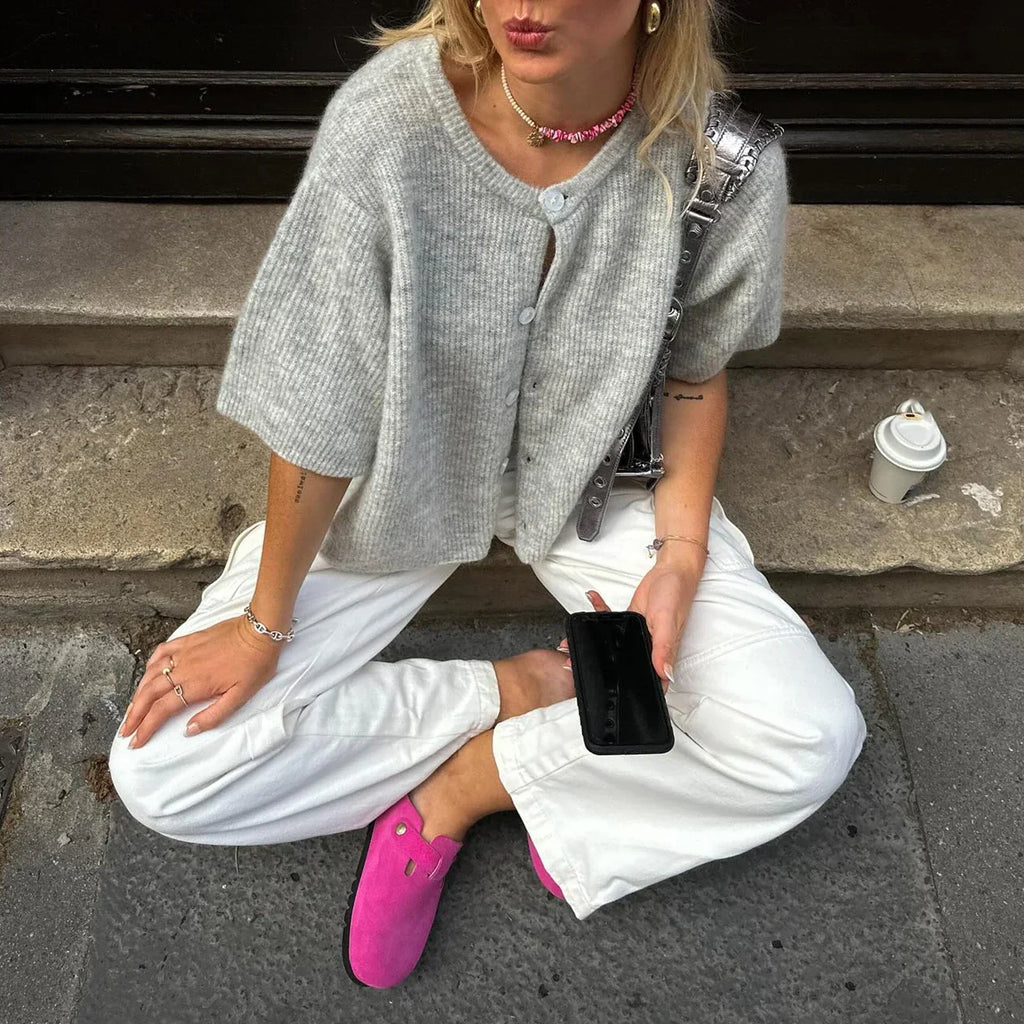 Cavara | Vintage vest met korte mouwen voor dames – Gebreide top met knopen, zachte trui