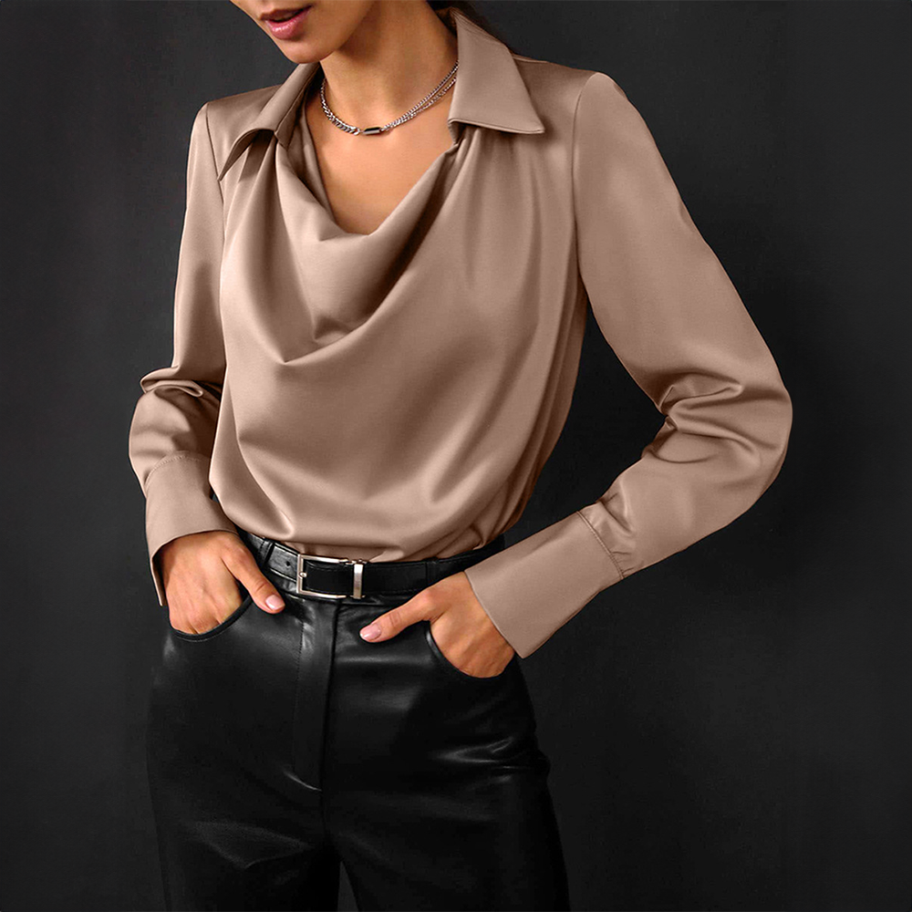 Rhaelle | Dames Satijnen Lange Mouw Blouse - Kraag, Elegant Jurk Hemd