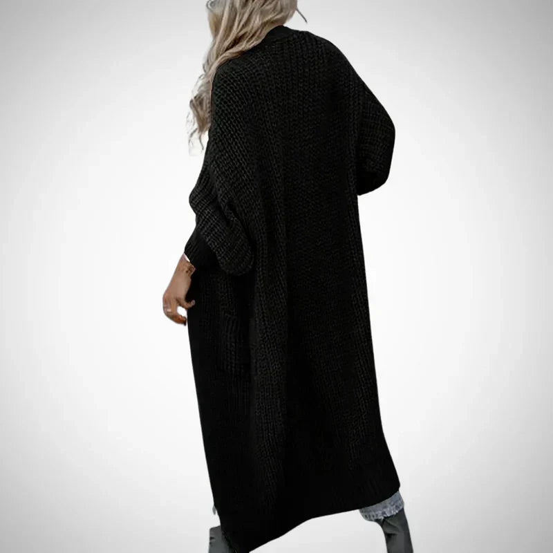 Delvessa | Lange, grof gebreide damesvest met zakken, comfortabele herfst-wintertrui, casual jas