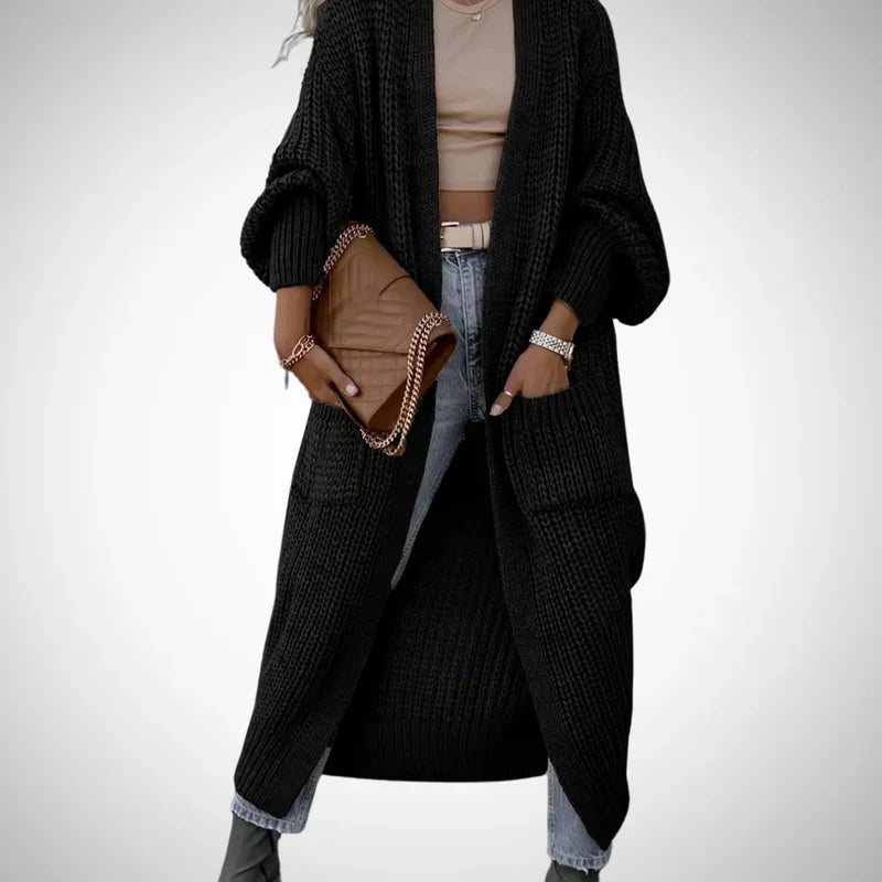 Delvessa | Lange, grof gebreide damesvest met zakken, comfortabele herfst-wintertrui, casual jas