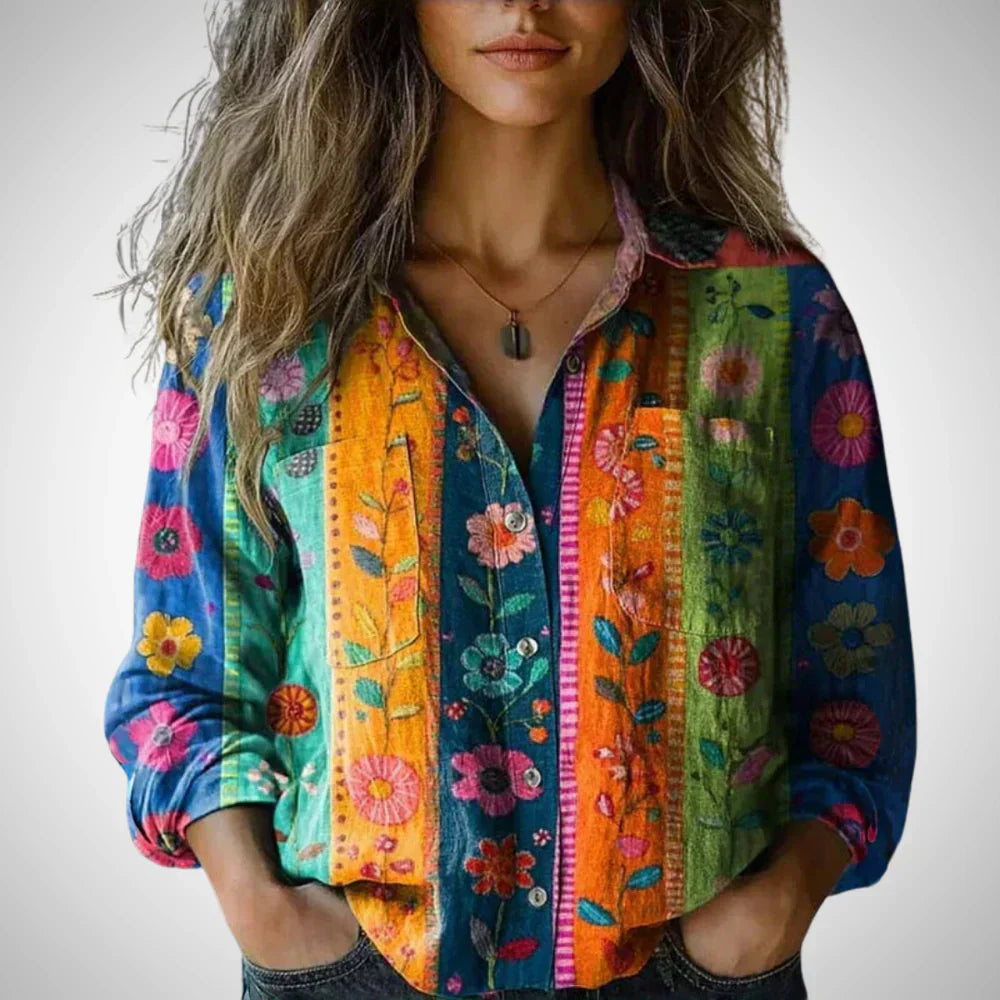 Ilara | Dames retro vintage blouse – lange mouwen top met bloemenprint