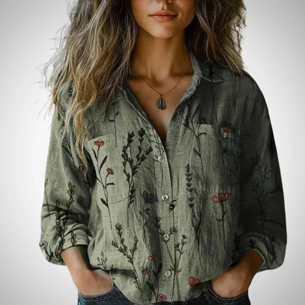 Ilara | Dames retro vintage blouse – lange mouwen top met bloemenprint