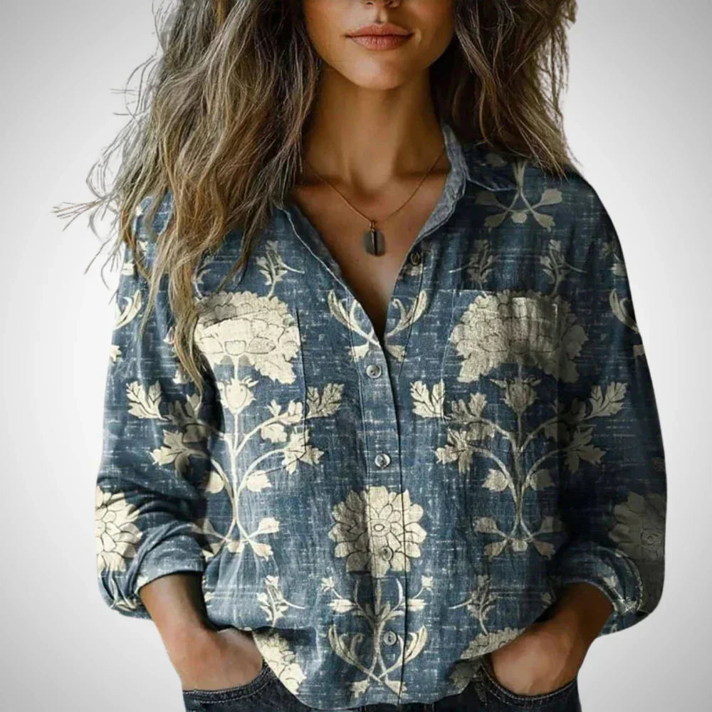 Ilara | Dames retro vintage blouse – lange mouwen top met bloemenprint