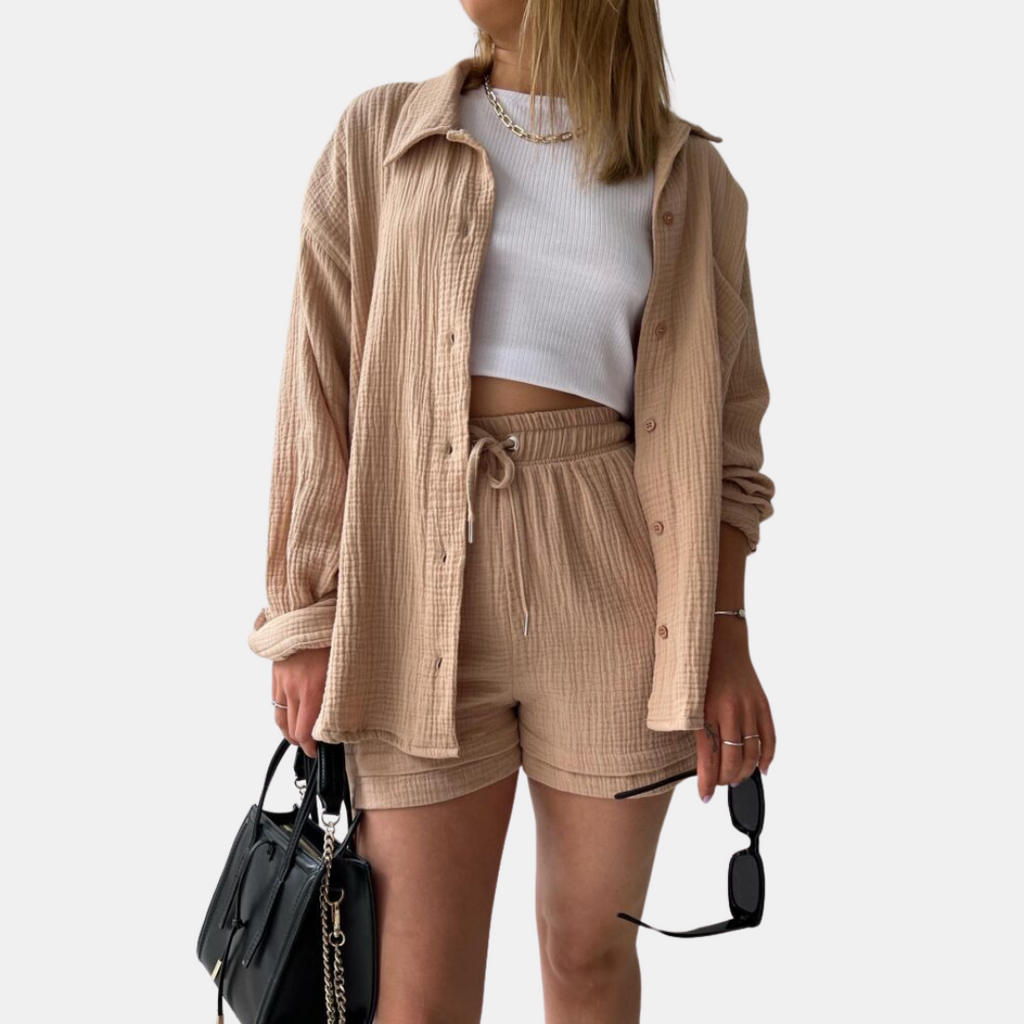 Pexina | 2-delige loungeset voor dames – top met lange mouwen en korte broek