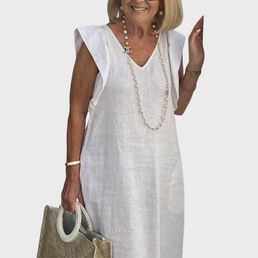 Qarnella | Luchtige linnen maxi-jurk voor dames – Zomerjurk met V-hals
