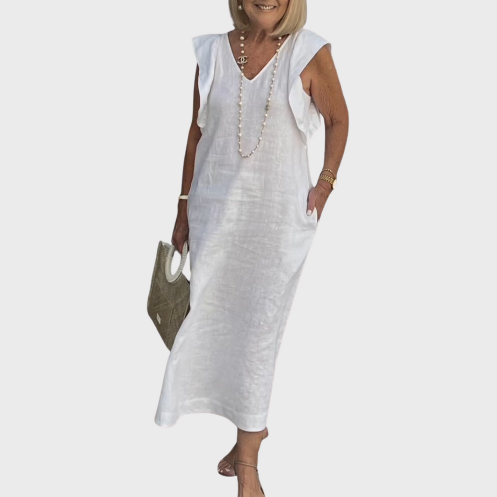 Qarnella | Luchtige linnen maxi-jurk voor dames – Zomerjurk met V-hals