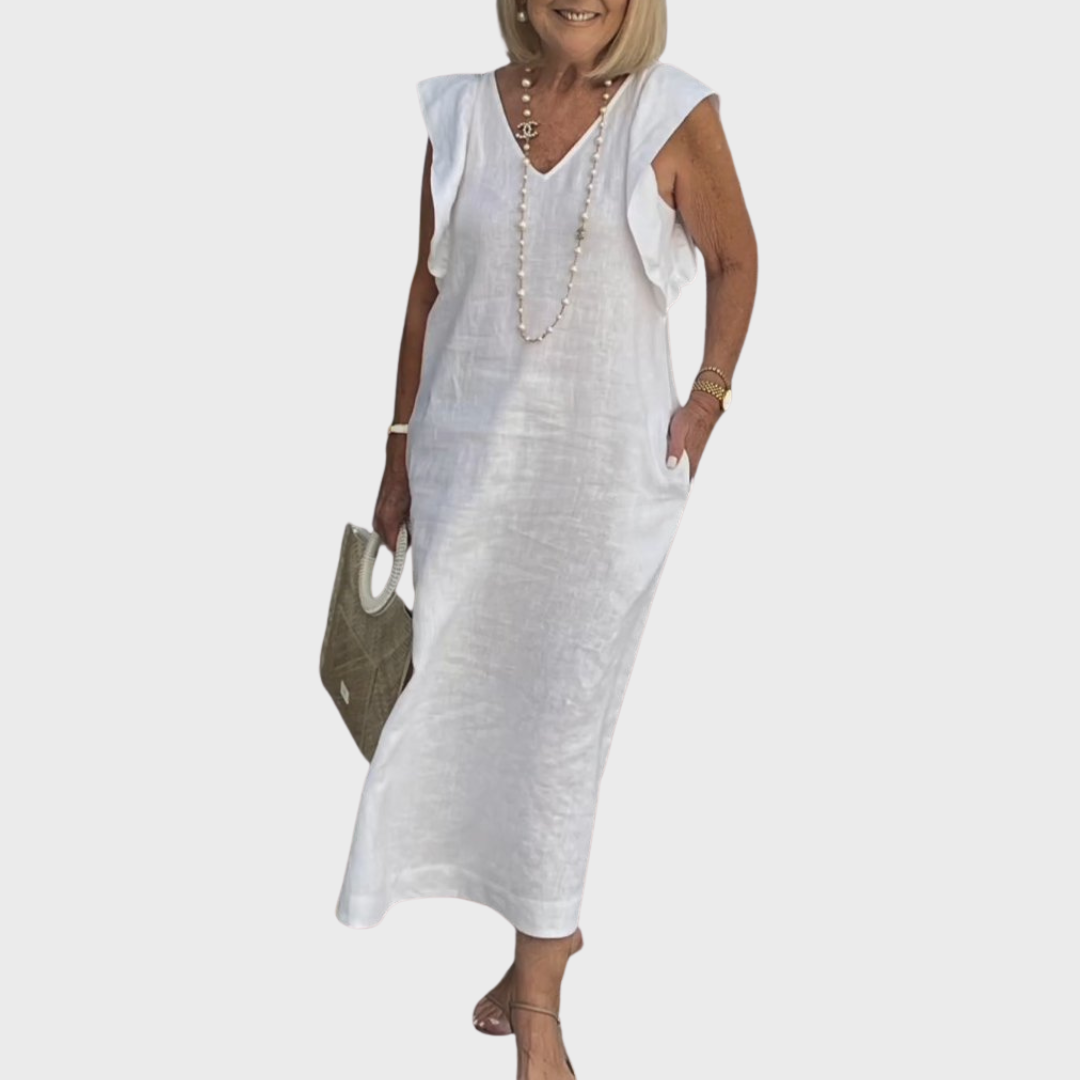 Qarnella | Luchtige linnen maxi-jurk voor dames – Zomerjurk met V-hals