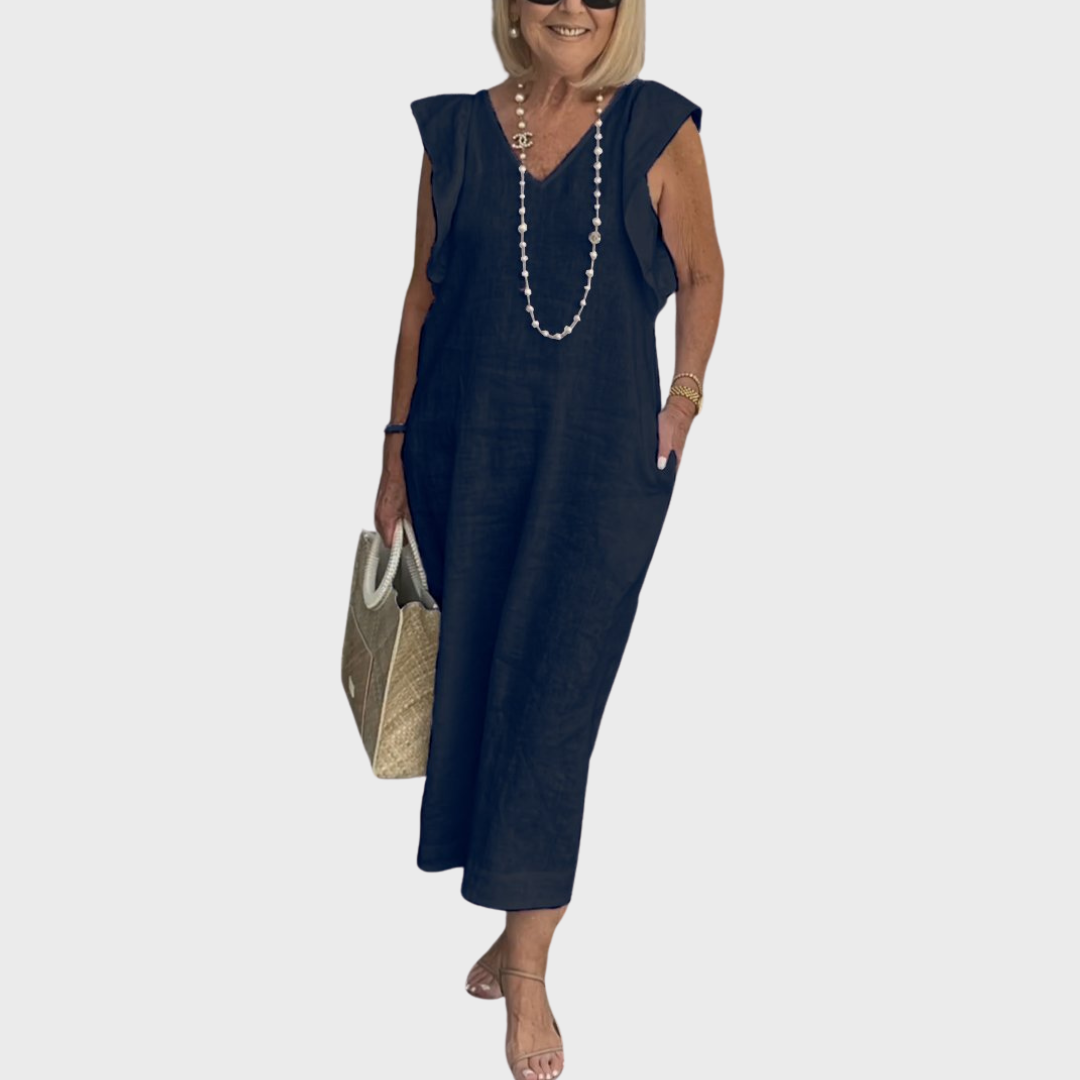 Qarnella | Luchtige linnen maxi-jurk voor dames – Zomerjurk met V-hals
