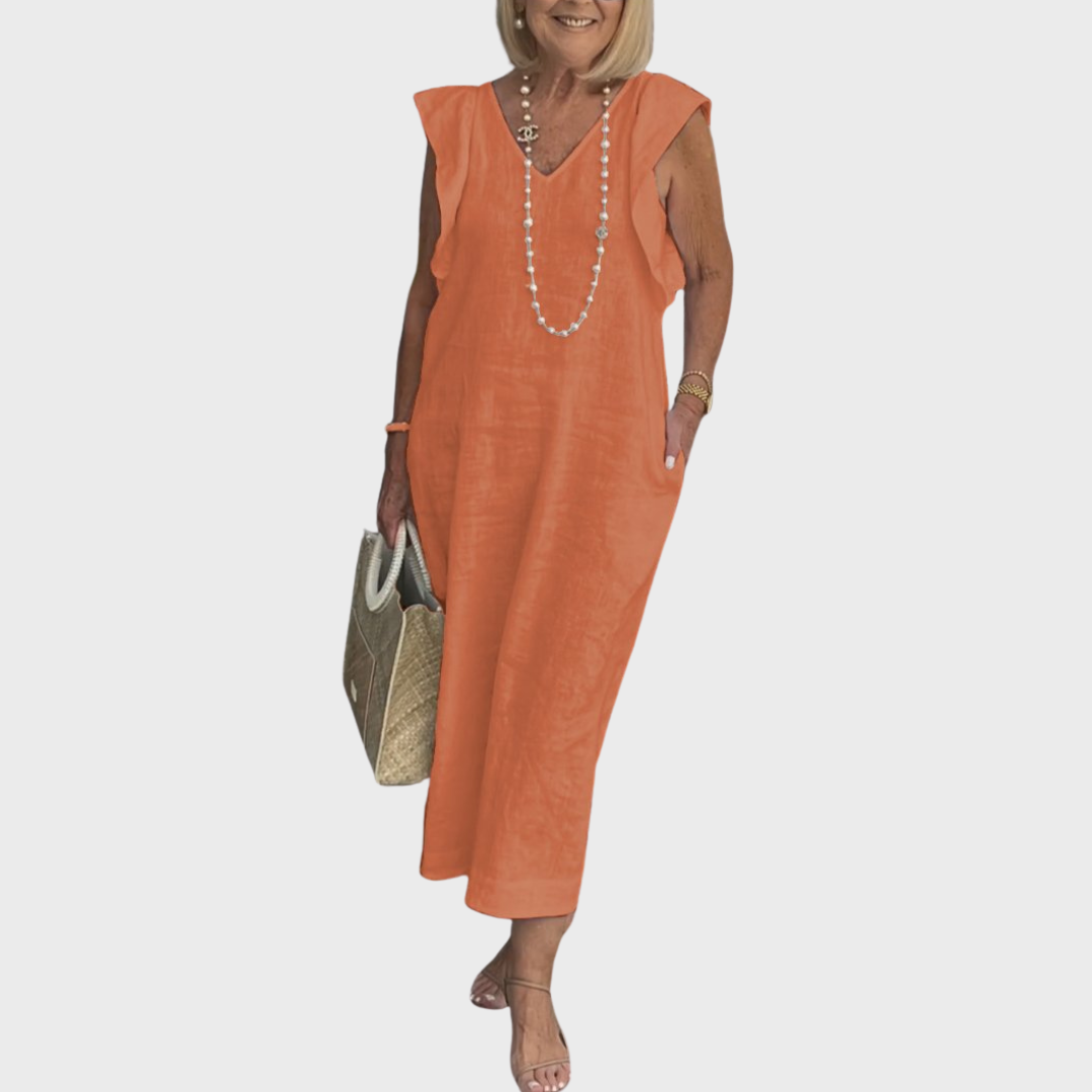 Qarnella | Luchtige linnen maxi-jurk voor dames – Zomerjurk met V-hals