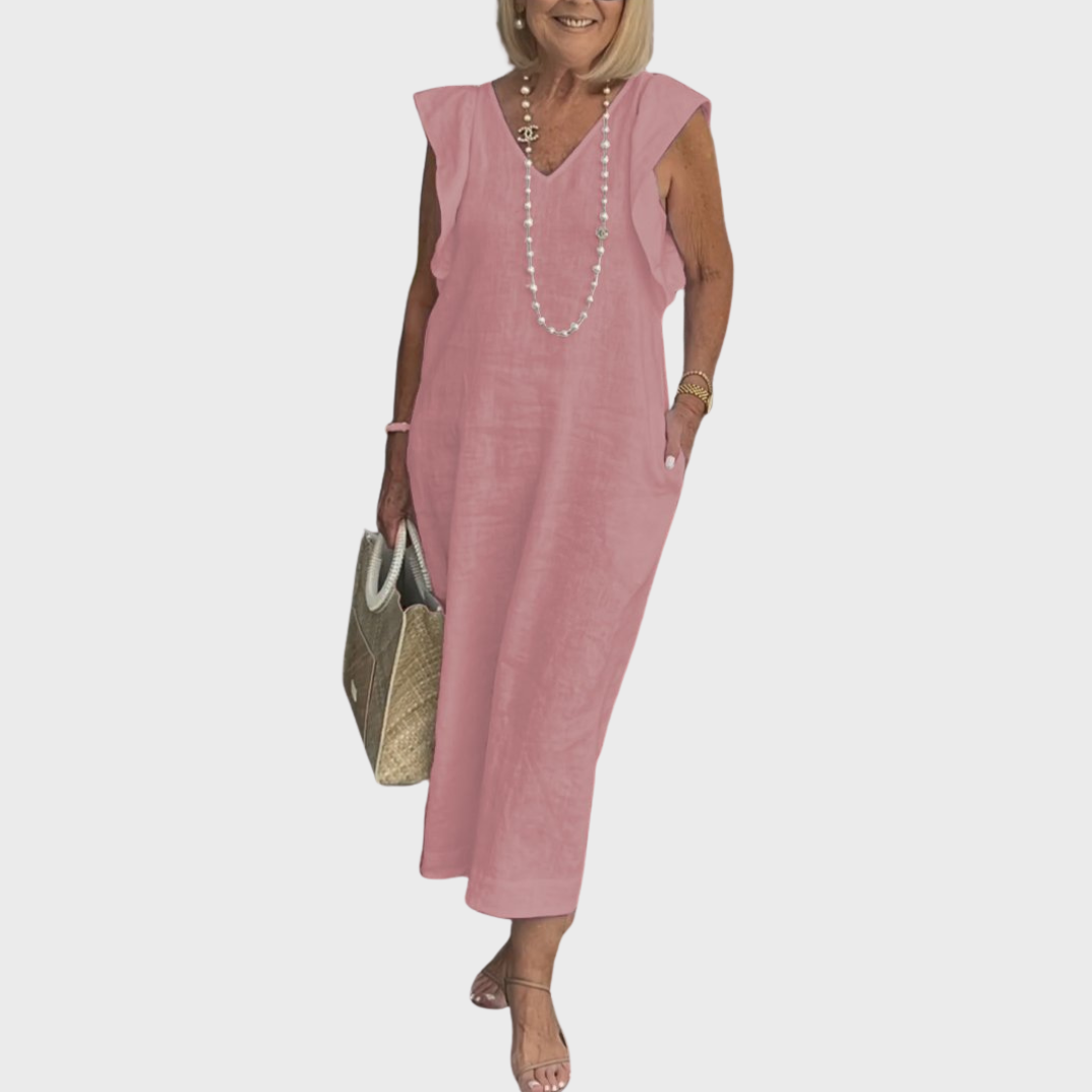 Qarnella | Luchtige linnen maxi-jurk voor dames – Zomerjurk met V-hals