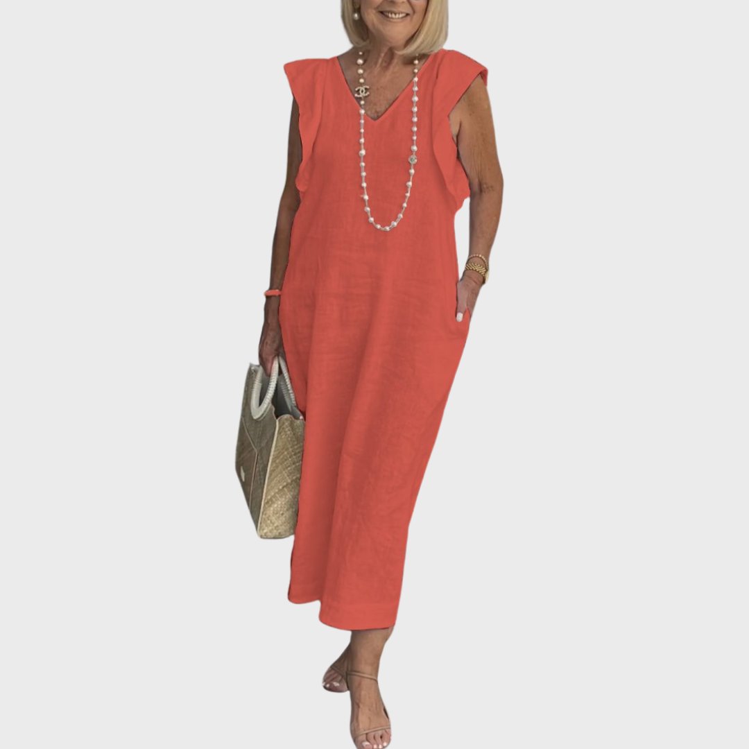 Qarnella | Luchtige linnen maxi-jurk voor dames – Zomerjurk met V-hals