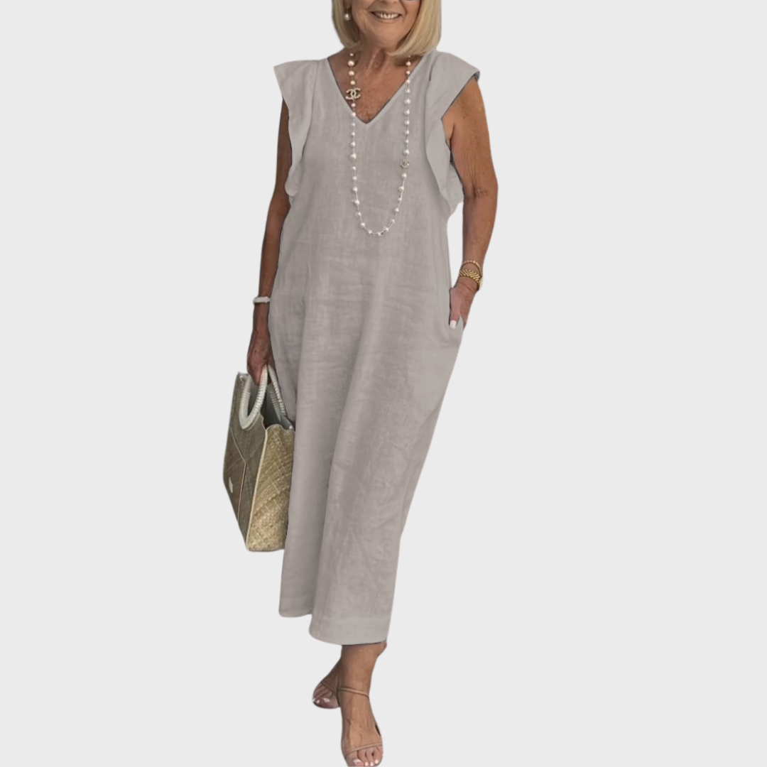 Qarnella | Luchtige linnen maxi-jurk voor dames – Zomerjurk met V-hals