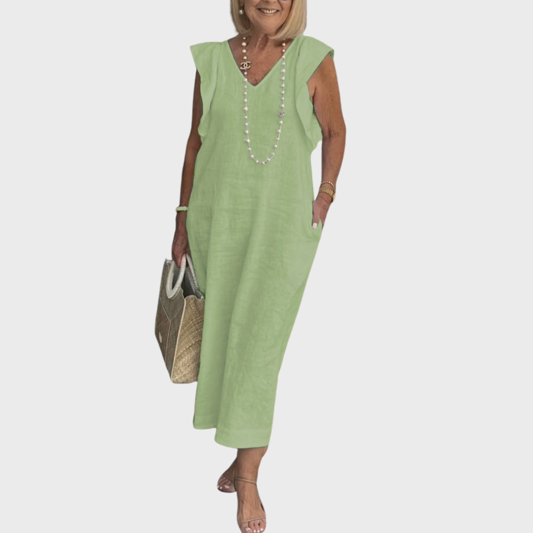 Qarnella | Luchtige linnen maxi-jurk voor dames – Zomerjurk met V-hals