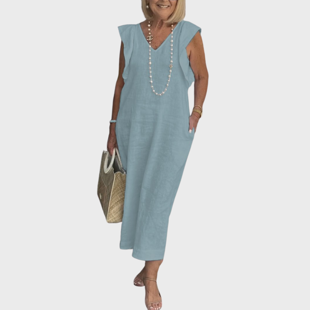 Qarnella | Luchtige linnen maxi-jurk voor dames – Zomerjurk met V-hals