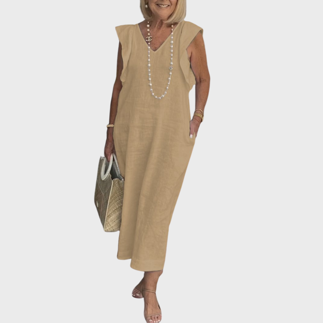 Qarnella | Luchtige linnen maxi-jurk voor dames – Zomerjurk met V-hals