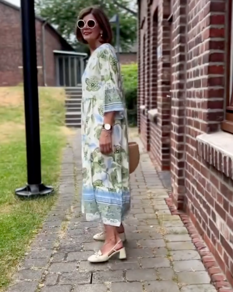Kexella | Soepelvallende bloemenmaxi-jurk voor dames – Zomerjurk met 3/4 mouwen en V-hals