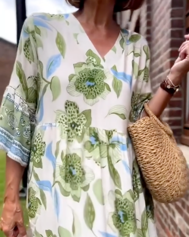 Kexella | Soepelvallende bloemenmaxi-jurk voor dames – Zomerjurk met 3/4 mouwen en V-hals