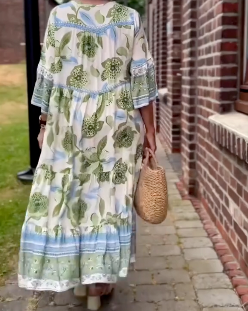 Kexella | Soepelvallende bloemenmaxi-jurk voor dames – Zomerjurk met 3/4 mouwen en V-hals