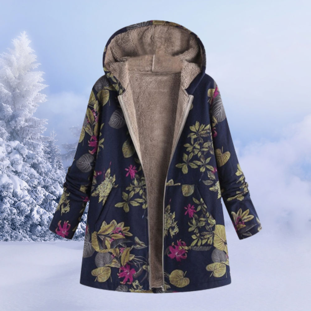 Ariana | Manteau d'hiver, doublure polaire, motif floral, capuche, vêtement d'extérieur chaud et élégant