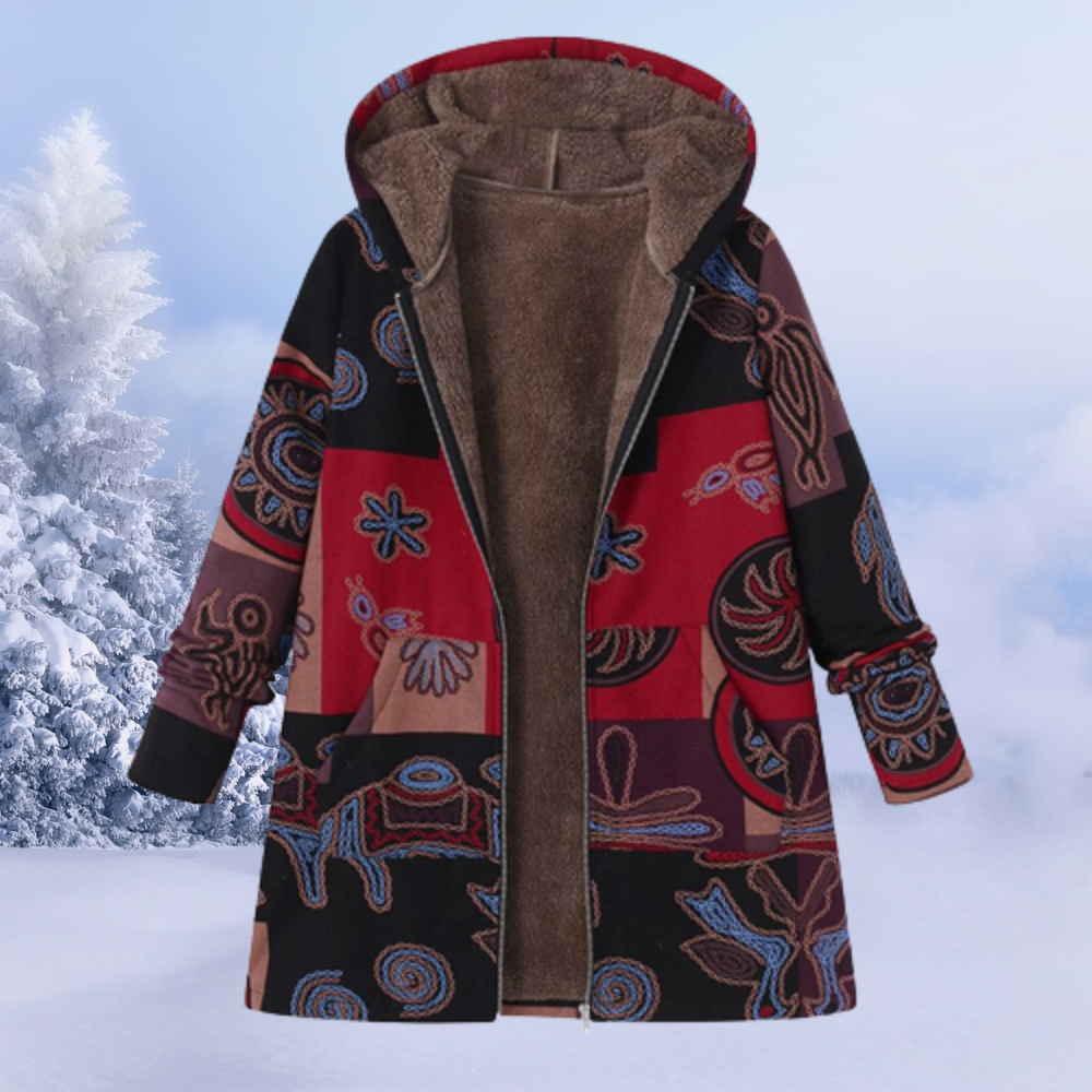 Ariana | Manteau d'hiver, doublure polaire, motif floral, capuche, vêtement d'extérieur chaud et élégant