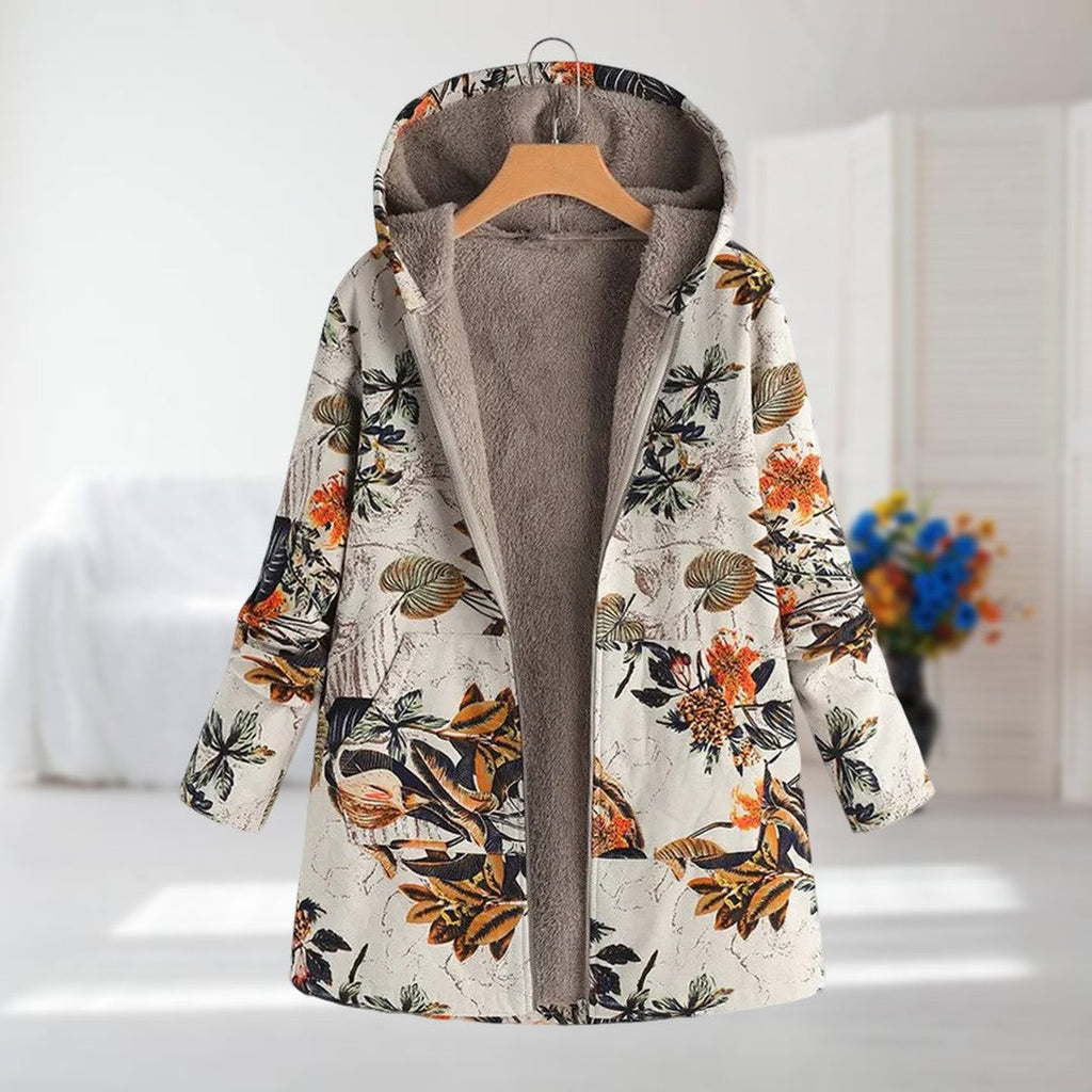 Saina | Veste à capuche pour femme avec doublure polaire – Manteau d'hiver chaud à imprimé floral