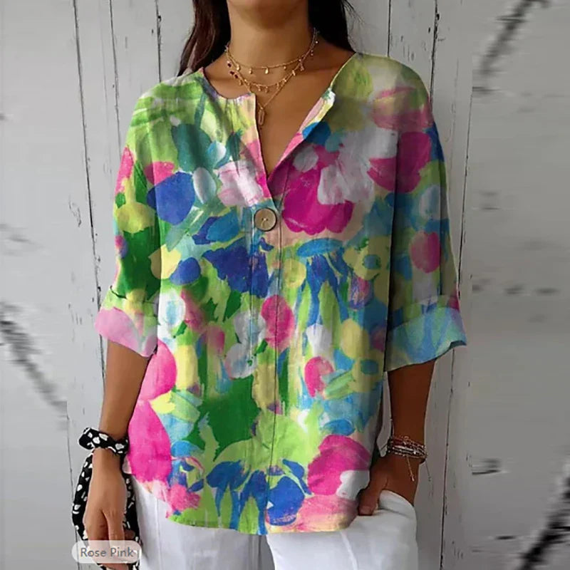 Albane | Gebloemde damesblouse, korte mouwen, casual top