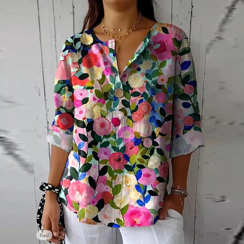 Albane | Gebloemde damesblouse, korte mouwen, casual top