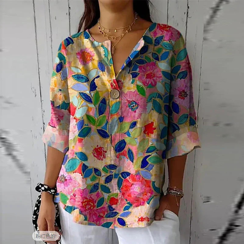 Albane | Gebloemde damesblouse, korte mouwen, casual top