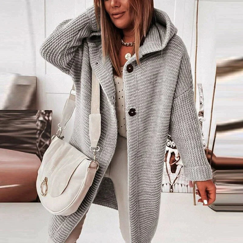 Chrysanthe | Gilet long en maille à capuche – pull doux en laine mélangée, idéal pour un look décontracté et chaud.