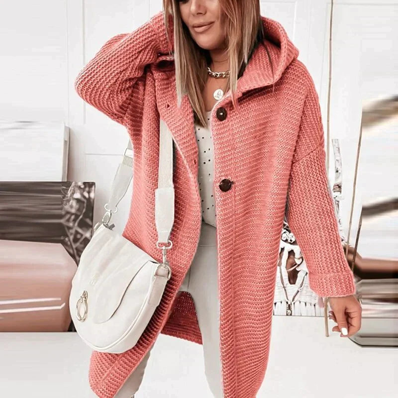 Chrysanthe | Gilet long en maille à capuche – pull doux en laine mélangée, idéal pour un look décontracté et chaud.