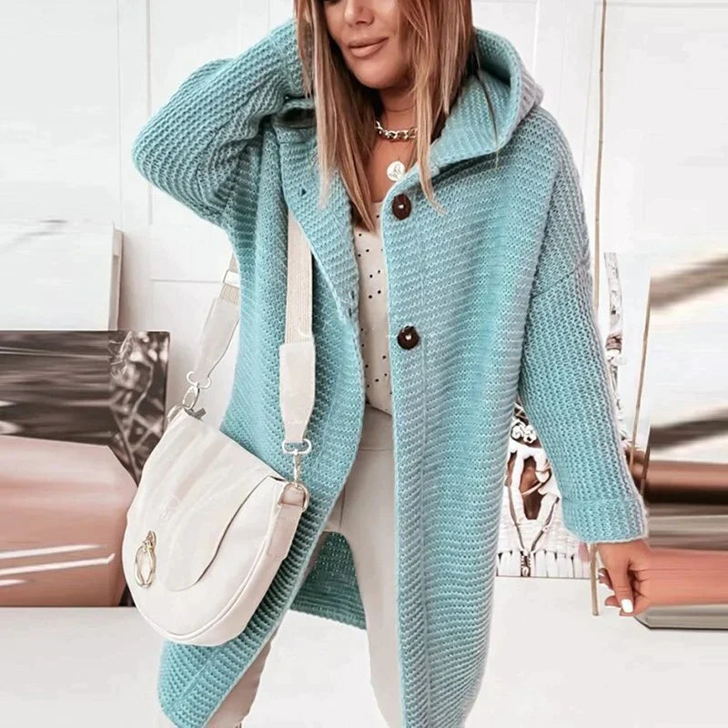 Chrysanthe | Langer Strickcardigan mit Kapuze – weicher Wollmischpullover, lässig-warmes Kleidungsstück