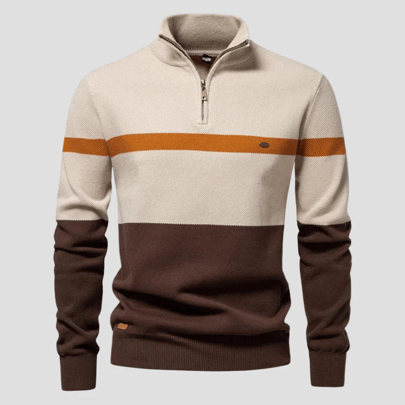 Ulmar | Herenkatoenen trui met halve rits, driekleurig, opstaande kraag, casual gebreide pullover