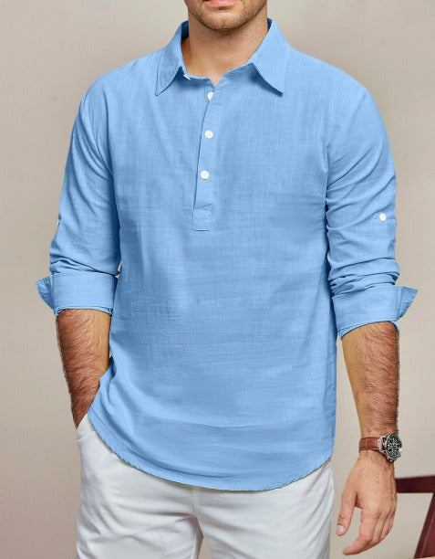 Jexron | Chemise élégante en lin pour homme – Respirante, manches longues, fermeture boutonnée mi-longue, style décontracté et professionnel