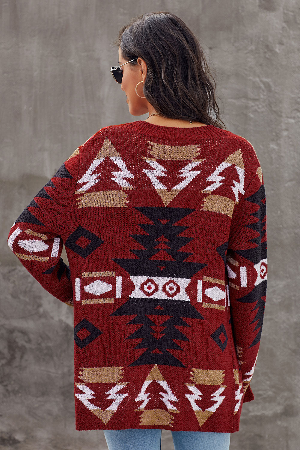Ralnora | Dames Rode Moraga Cardigan – Azteekse Print, Lange Mouwen en Gebreide Zakken