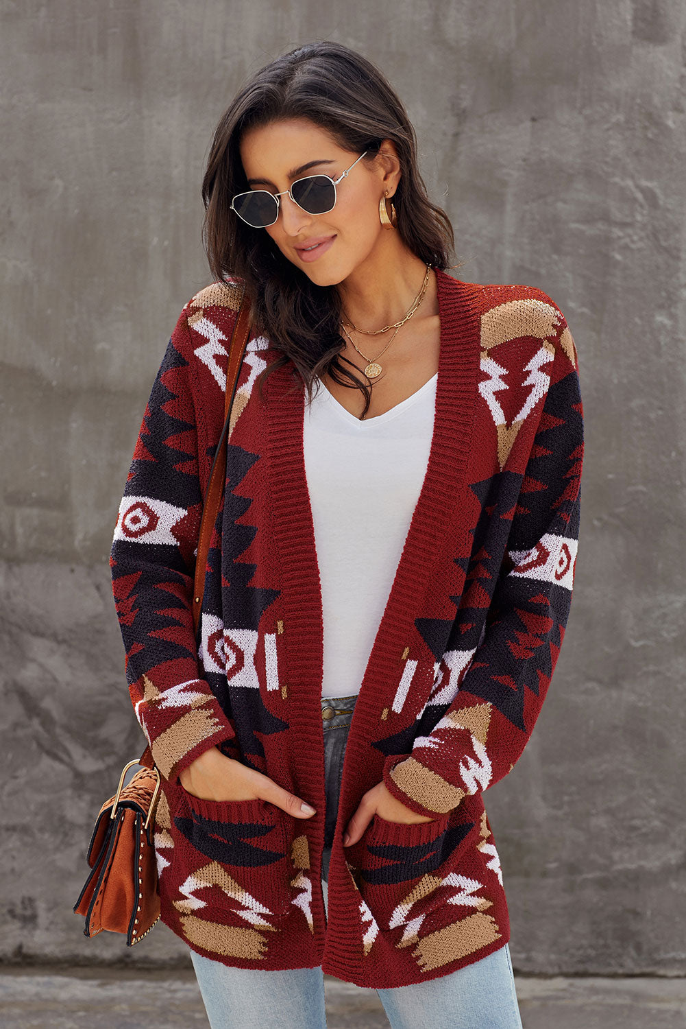 Ralnora | Dames Rode Moraga Cardigan – Azteekse Print, Lange Mouwen en Gebreide Zakken