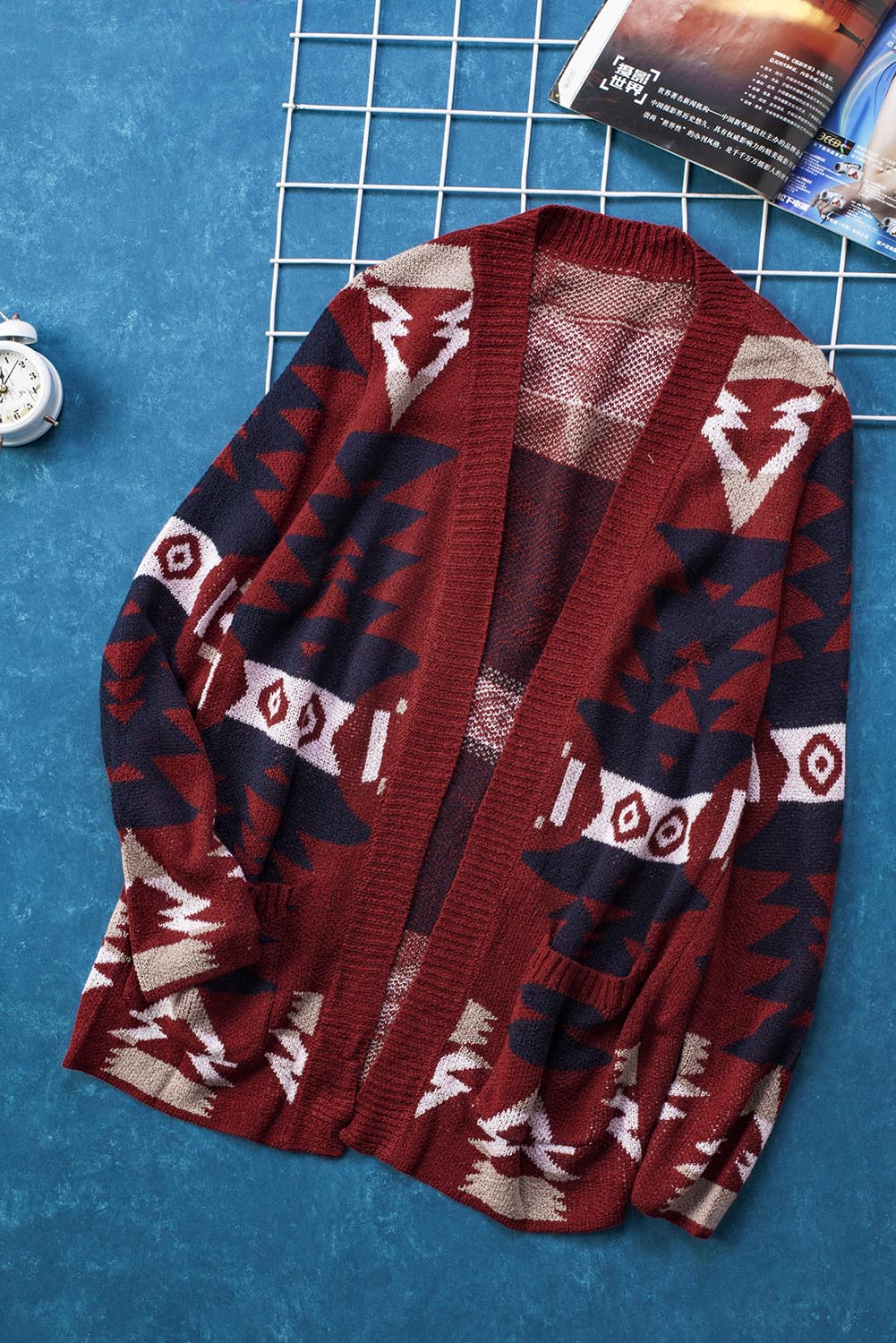 Ralnora | Dames Rode Moraga Cardigan – Azteekse Print, Lange Mouwen en Gebreide Zakken