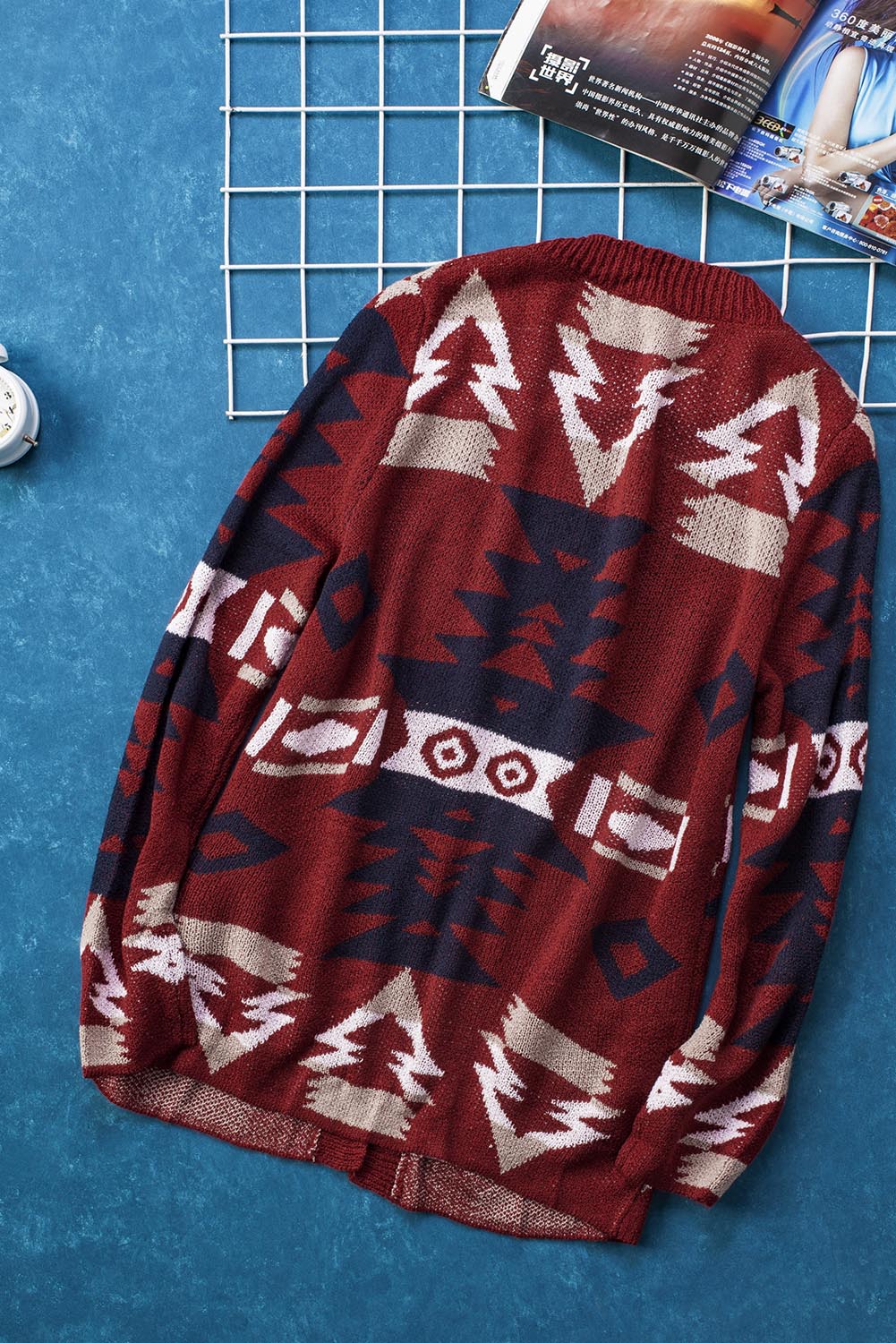 Ralnora | Dames Rode Moraga Cardigan – Azteekse Print, Lange Mouwen en Gebreide Zakken