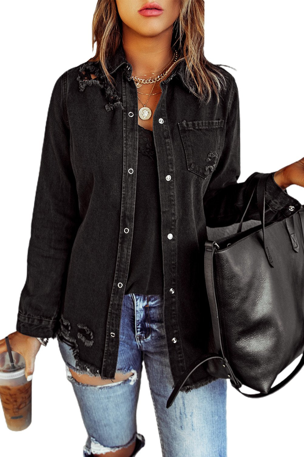 Aloura | Dames Zwarte Gescheurde Denim Jacket – Casual Verweerde Spijkerjas