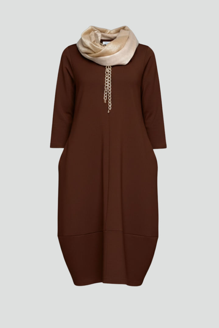 Dira | Midi-jurk voor dames – Casual jurk met ronde hals en losse pasvorm, voorzien van zakken