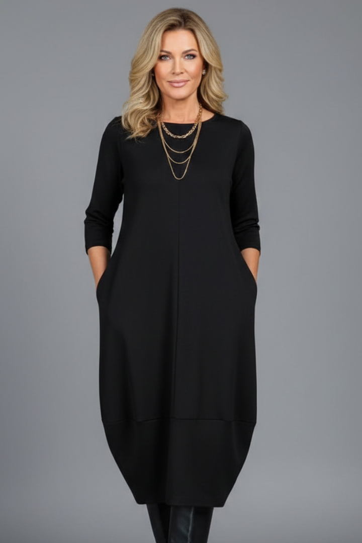 Dira | Midi-jurk voor dames – Casual jurk met ronde hals en losse pasvorm, voorzien van zakken