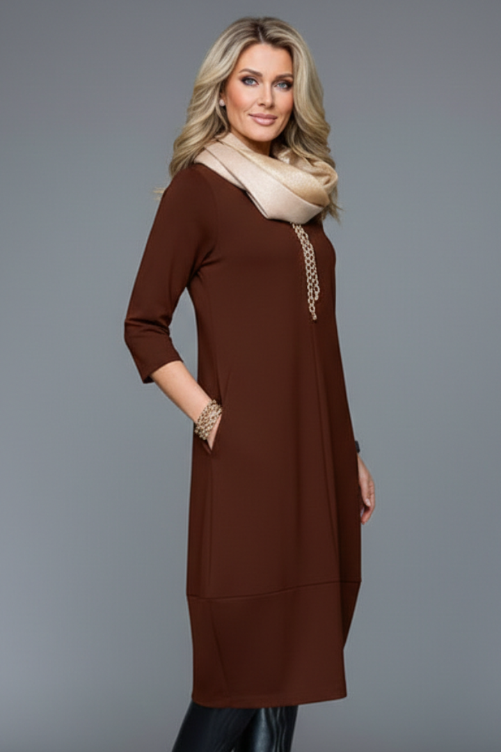 Dira | Midi-jurk voor dames – Casual jurk met ronde hals en losse pasvorm, voorzien van zakken