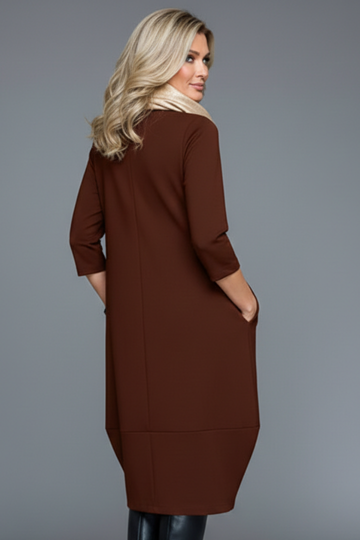 Dira | Midi-jurk voor dames – Casual jurk met ronde hals en losse pasvorm, voorzien van zakken