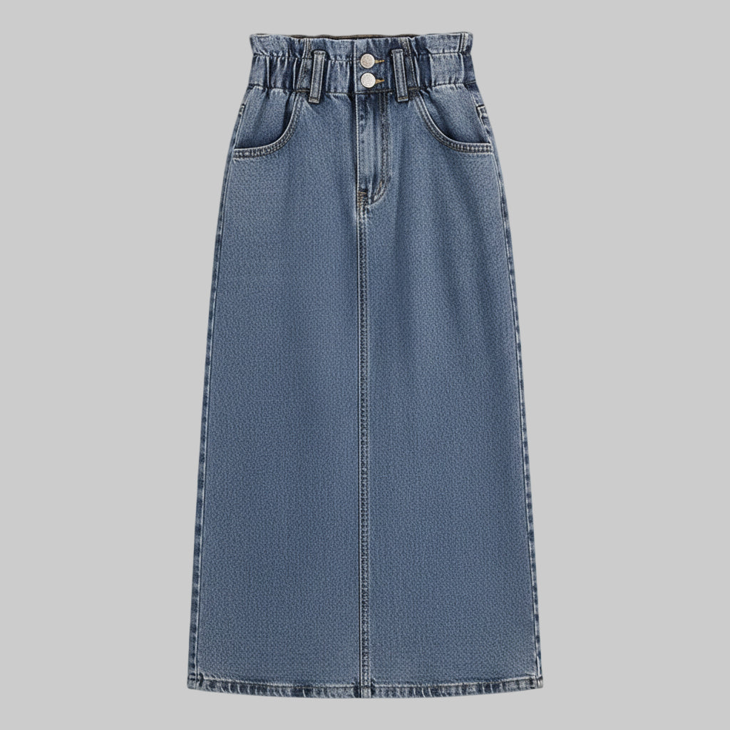 Mavyn | High-Waist Denim Midi Rok – Met Voornaad, Riemlussen en Knop-Rits