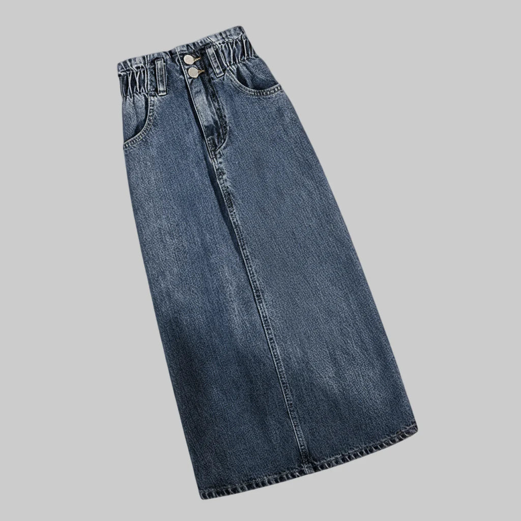 Mavyn | High-Waist Denim Midi Rok – Met Voornaad, Riemlussen en Knop-Rits